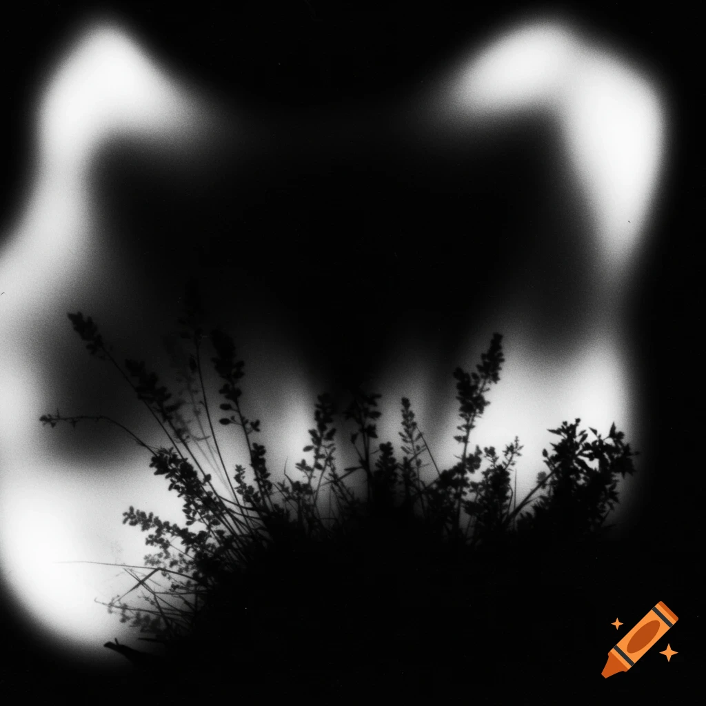 Black and white photogram of plant silhouettes against abstract light.