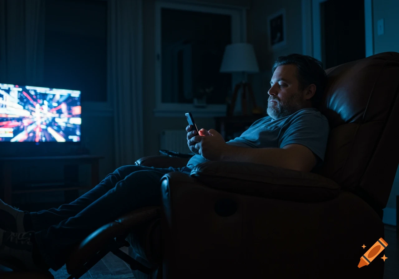 A man watches TV and uses his phone while relaxing in a recliner at night