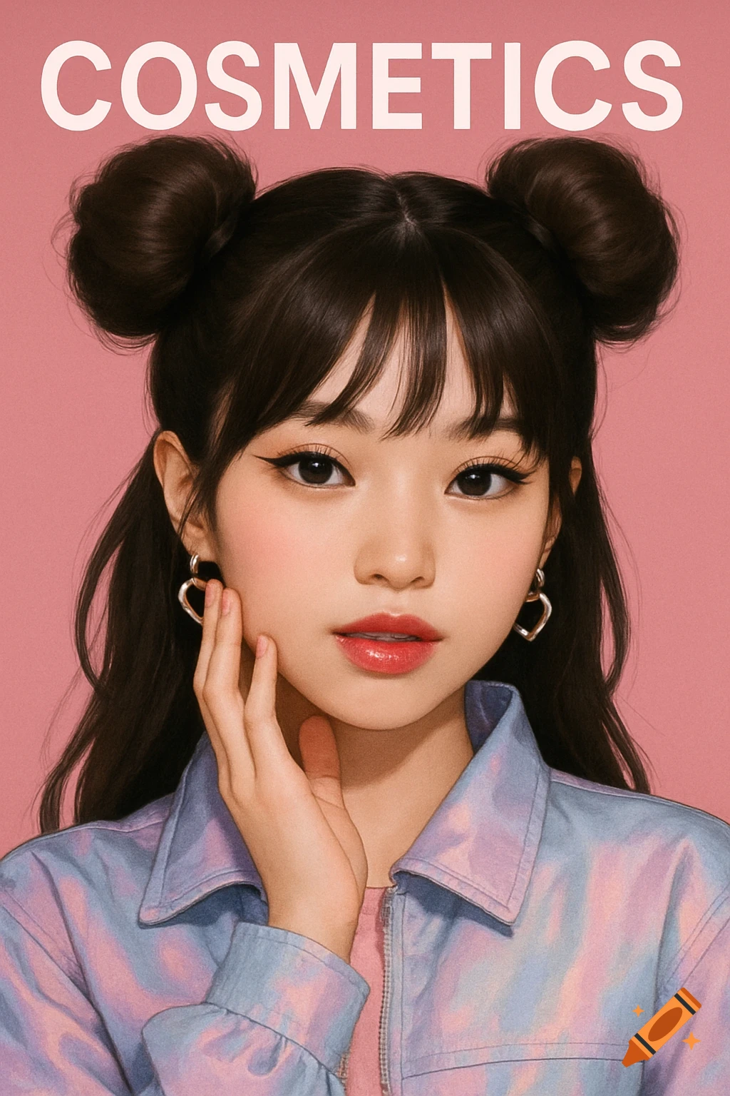 Portrait of a young woman with hair buns and bright makeup under the word "COSMETICS".