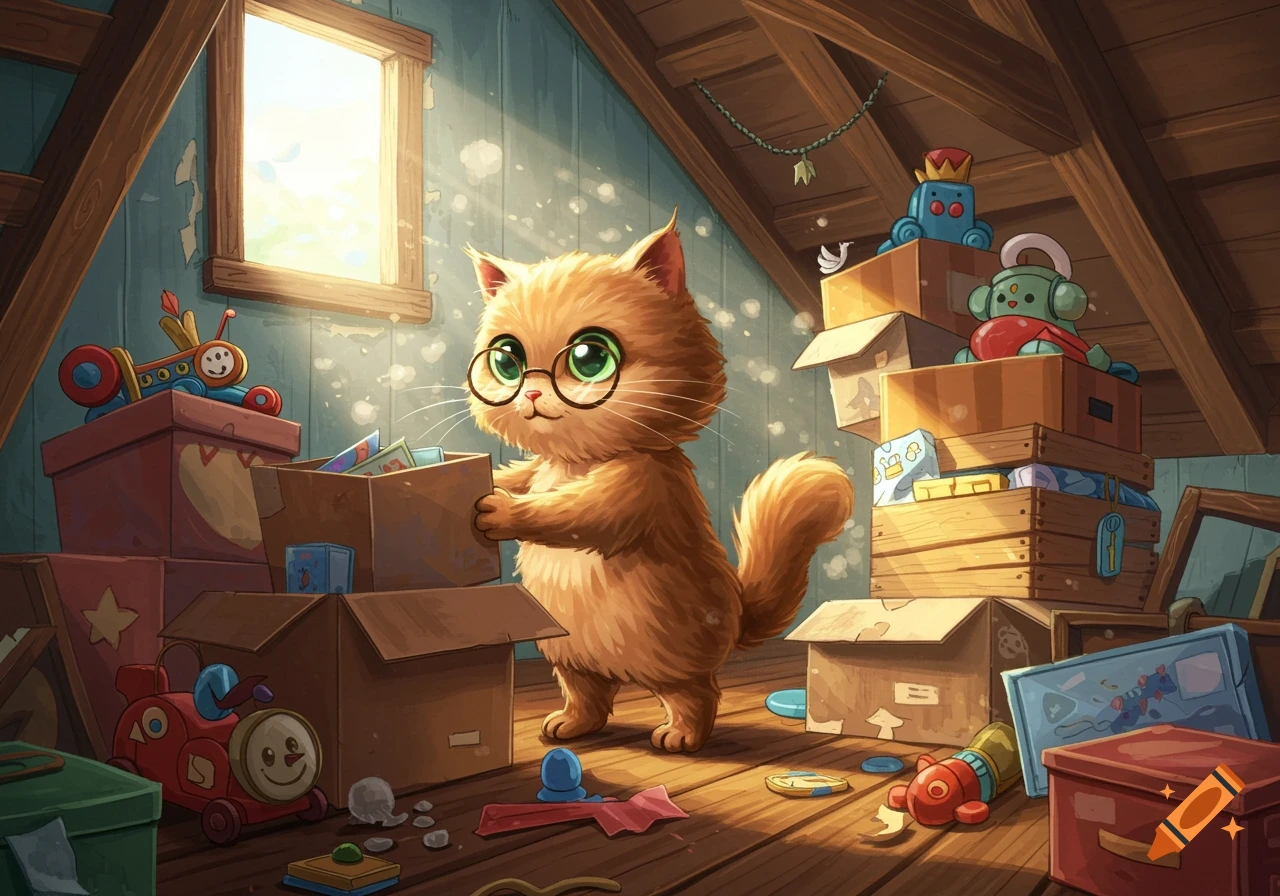 Cartoon fluffy cat with glasses organizing boxes in a dusty attic with toys