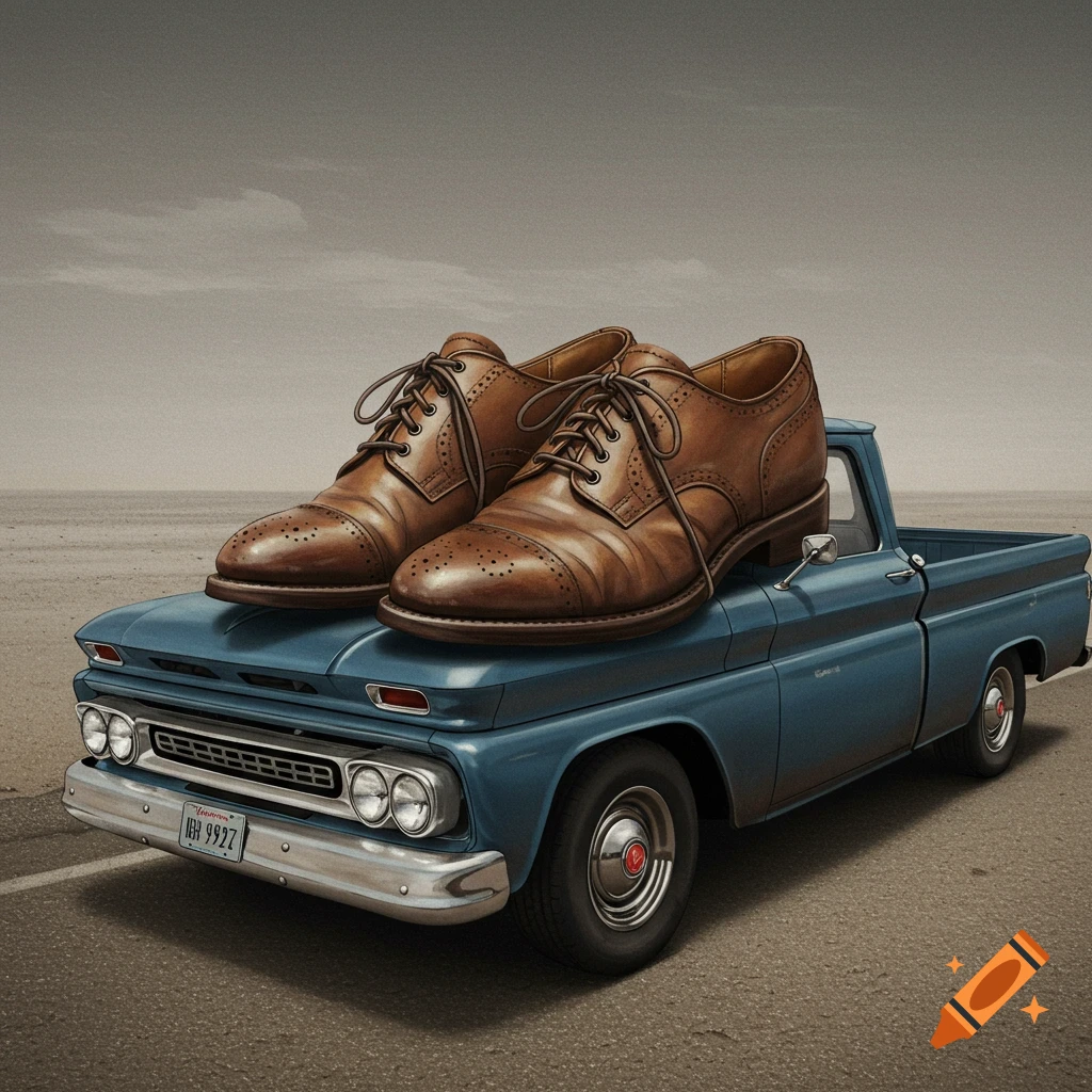Two large brown shoes sit on the hood of a blue Chevrolet pickup truck on a road.