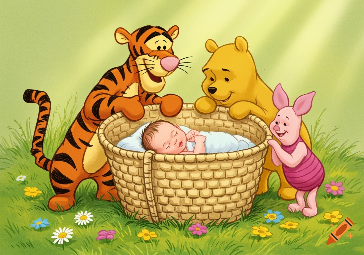 Tigger, Winnie the Pooh, and Piglet look down at a baby sleeping in a basket in a field of flowers.
