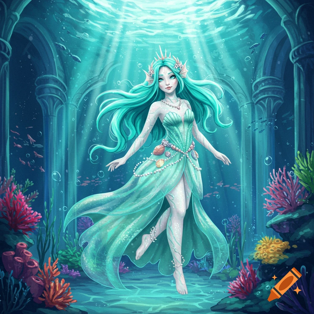 Artistic illustration of a mermaid with teal hair in an underwater ruin surrounded by coral and fish