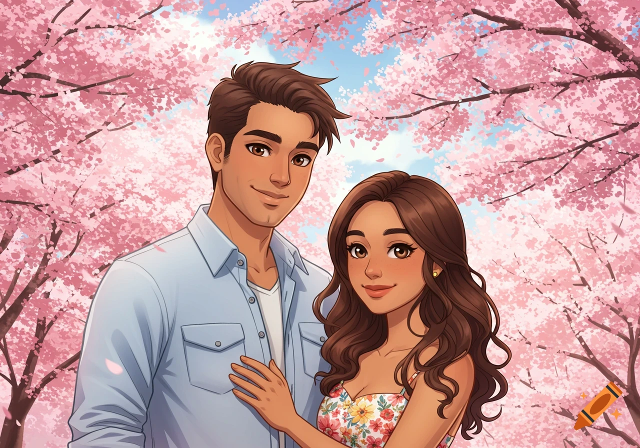 An anime illustration of a couple standing together under blooming pink cherry blossom trees.