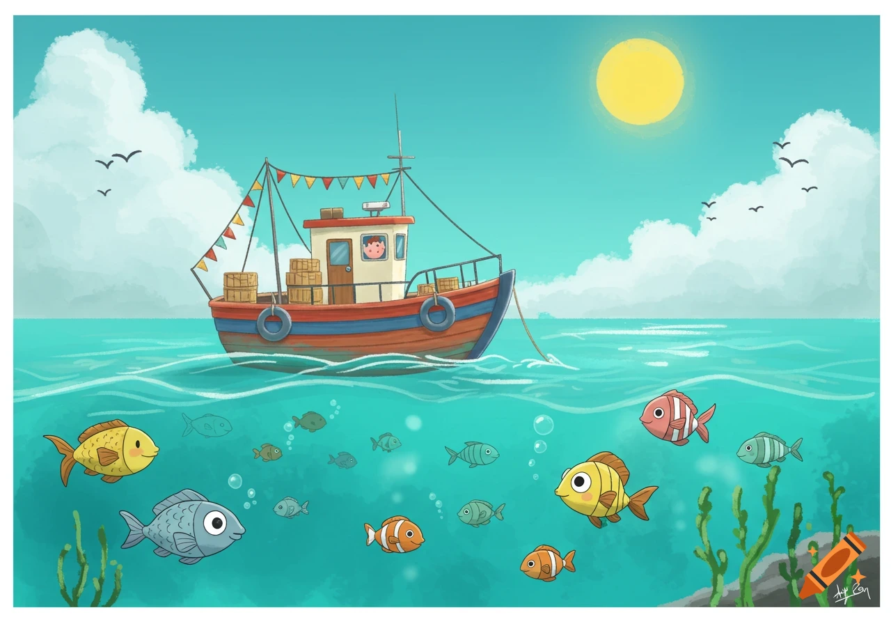 A bright cartoon illustration shows a fishing boat on the sea, with colorful fish swimming underwater below.