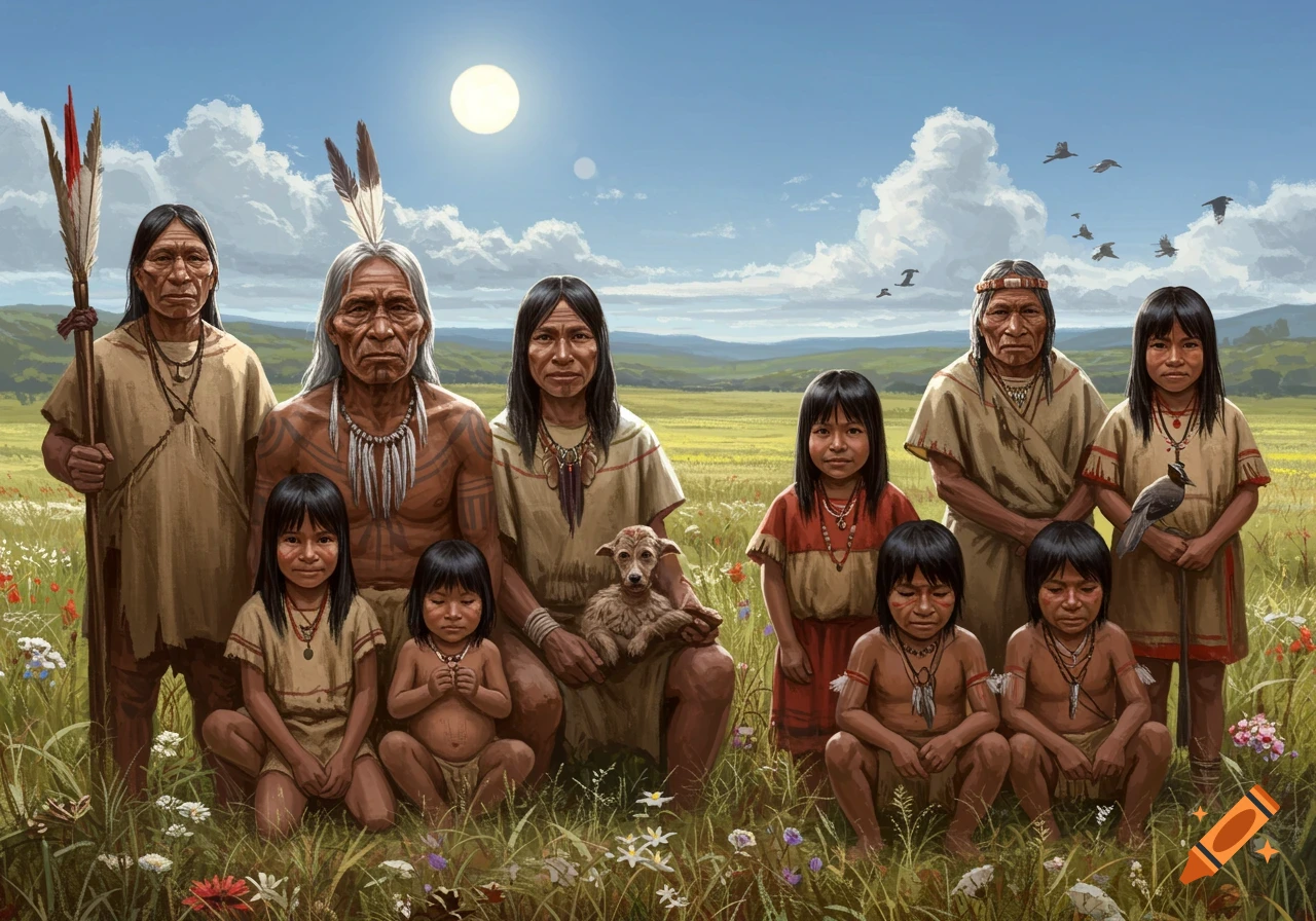 A large indigenous family, including adults and children, stands and sits in a sunny, grassy field with mountains in the distance.