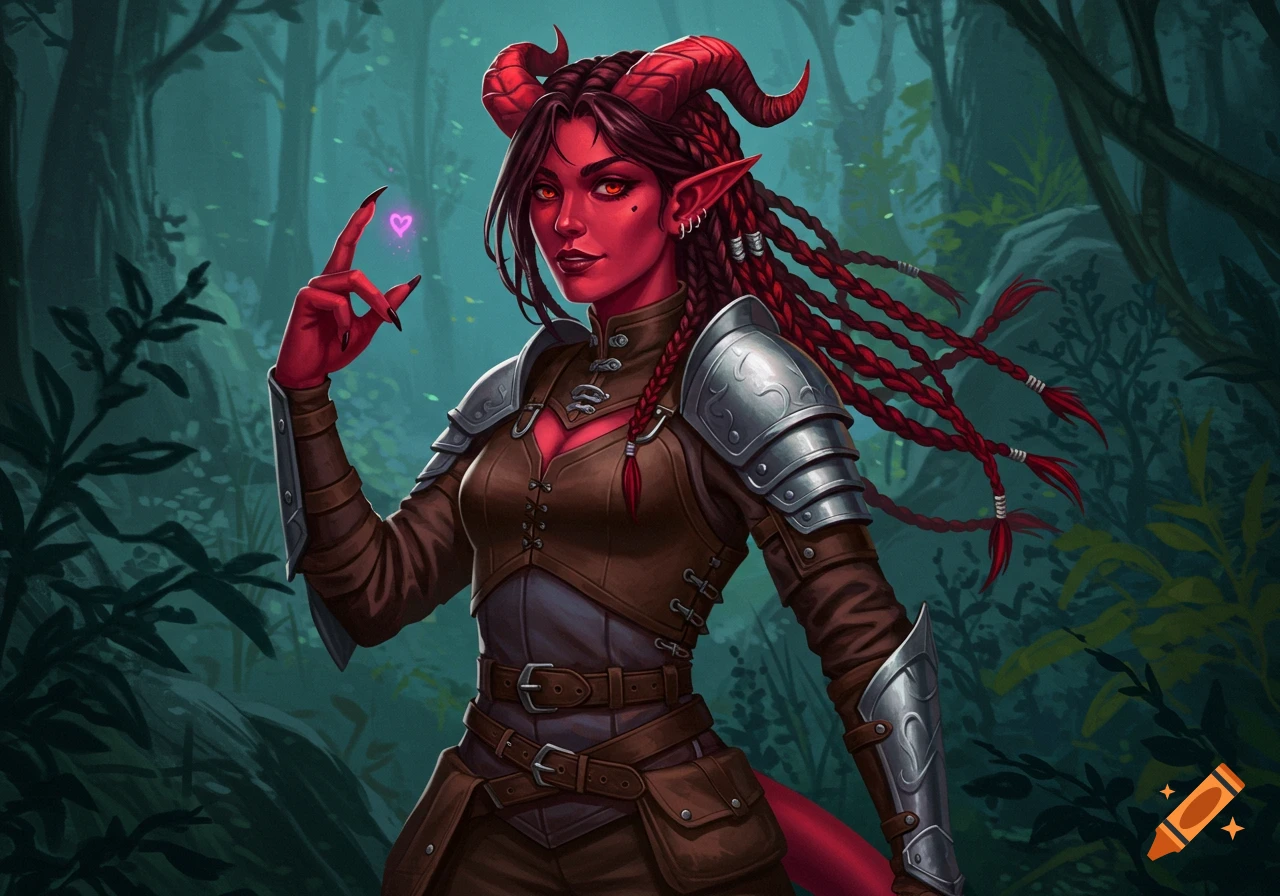 Fantasy illustration of a Tiefling character with red skin, horns, and ...