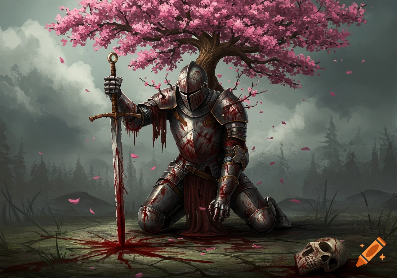 Bloody knight kneeling with a sword impaled in the ground under a cherry blossom tree, a skull nearby.