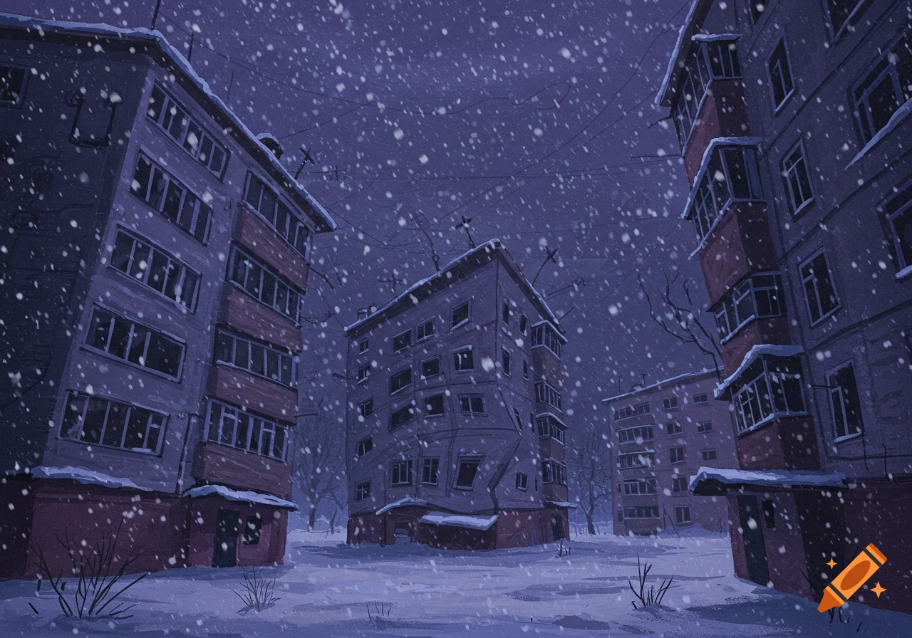 Warpy, distorted Soviet apartment buildings in a snowy landscape at night, with purple and blue hues.
