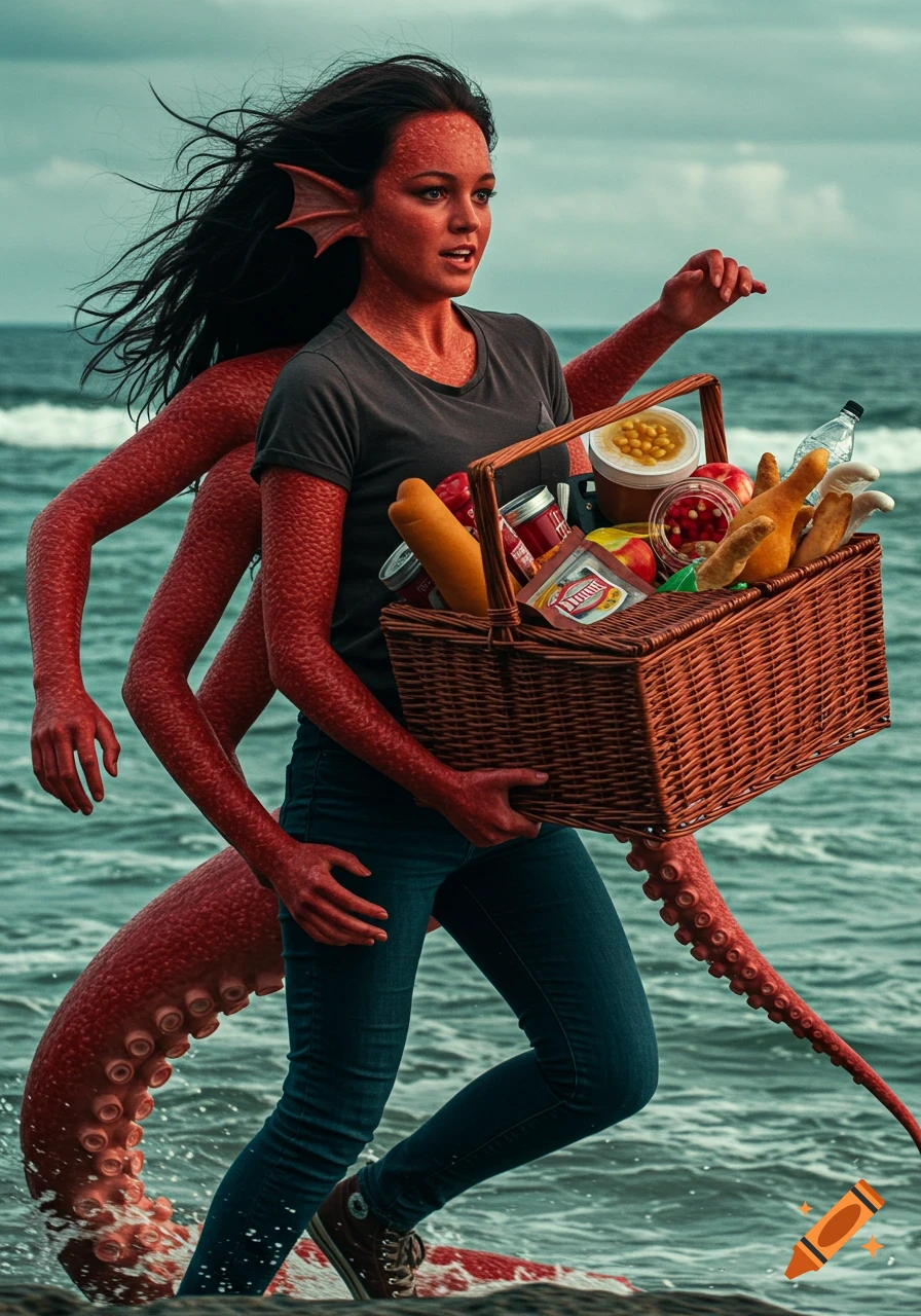 A character with red scaled skin, tentacles, and gills carries a picnic basket by the sea.