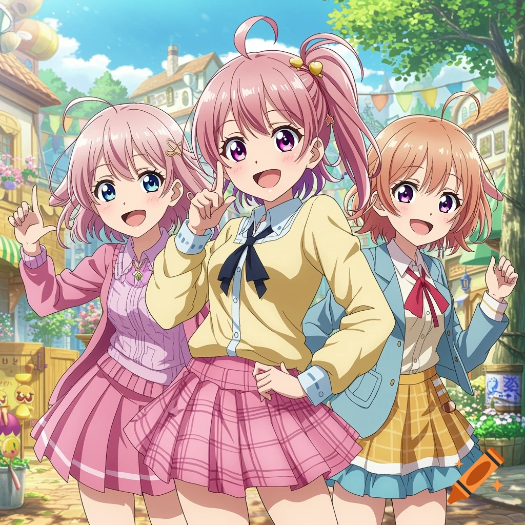 Three anime girls smiling and posing outdoors