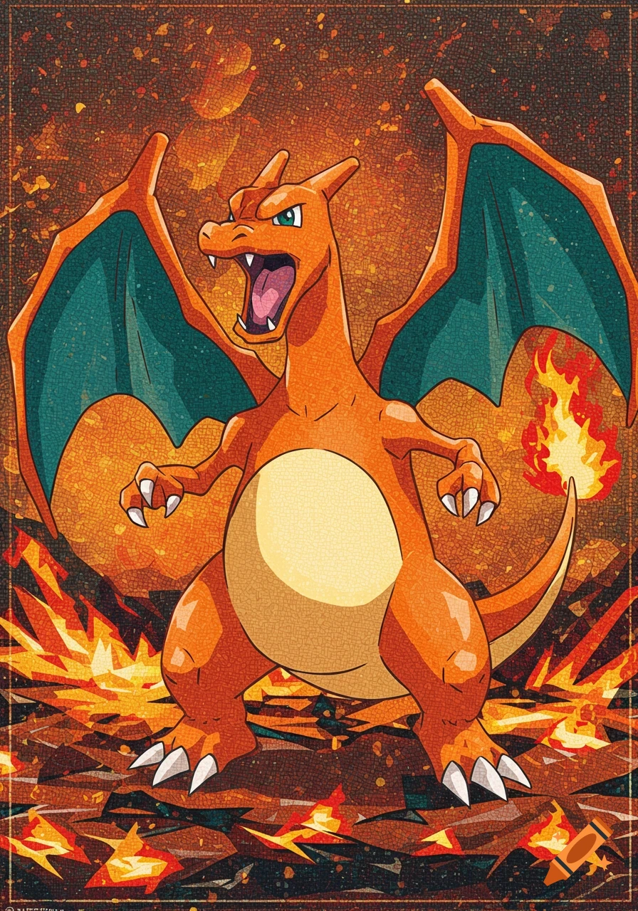 A mosaic artwork of Charizard surrounded by fire.