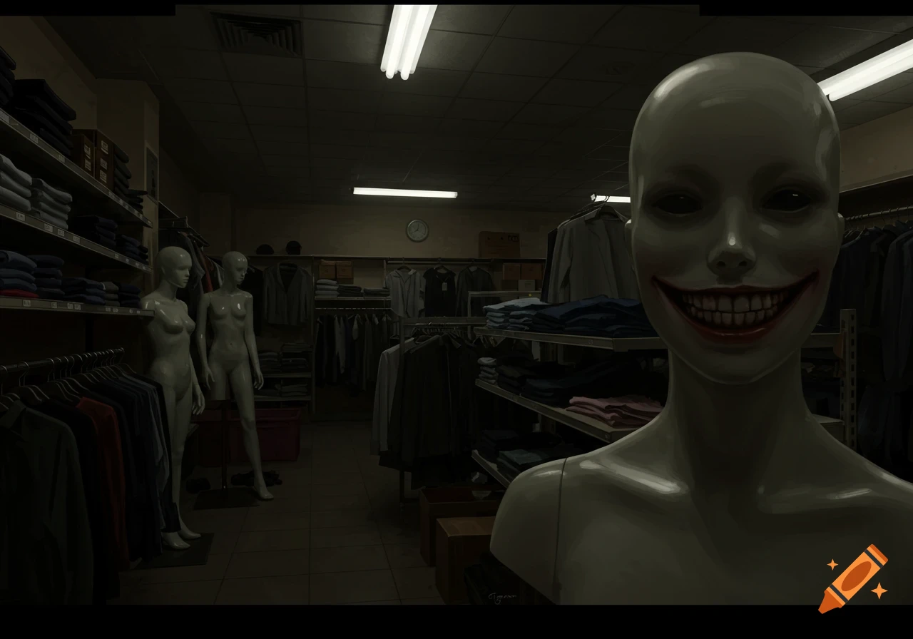 A creepy mannequin with a wide smile in a dark clothing store
