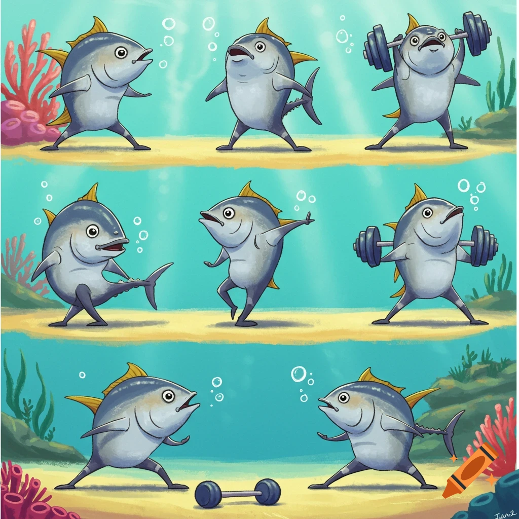 Cartoon tuna fish exercising underwater
