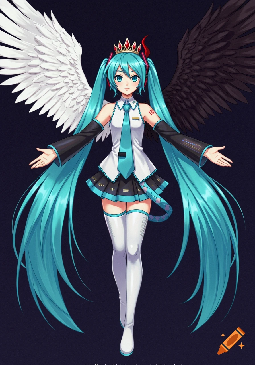 Anime illustration of Hatsune Miku with one white angel wing and one black devil wing, wearing a white dress and crown.