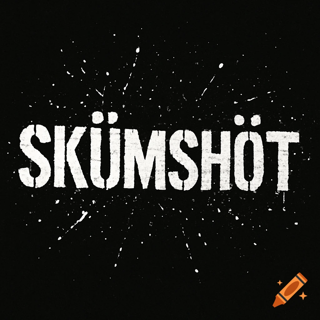 White stencil text SKÜMSHÖT with splatters on a black background