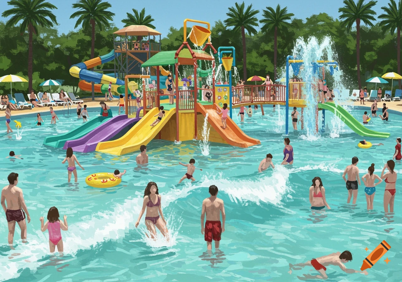 A crowded water park scene with water slides, splashing water, and people swimming and playing, illustration.