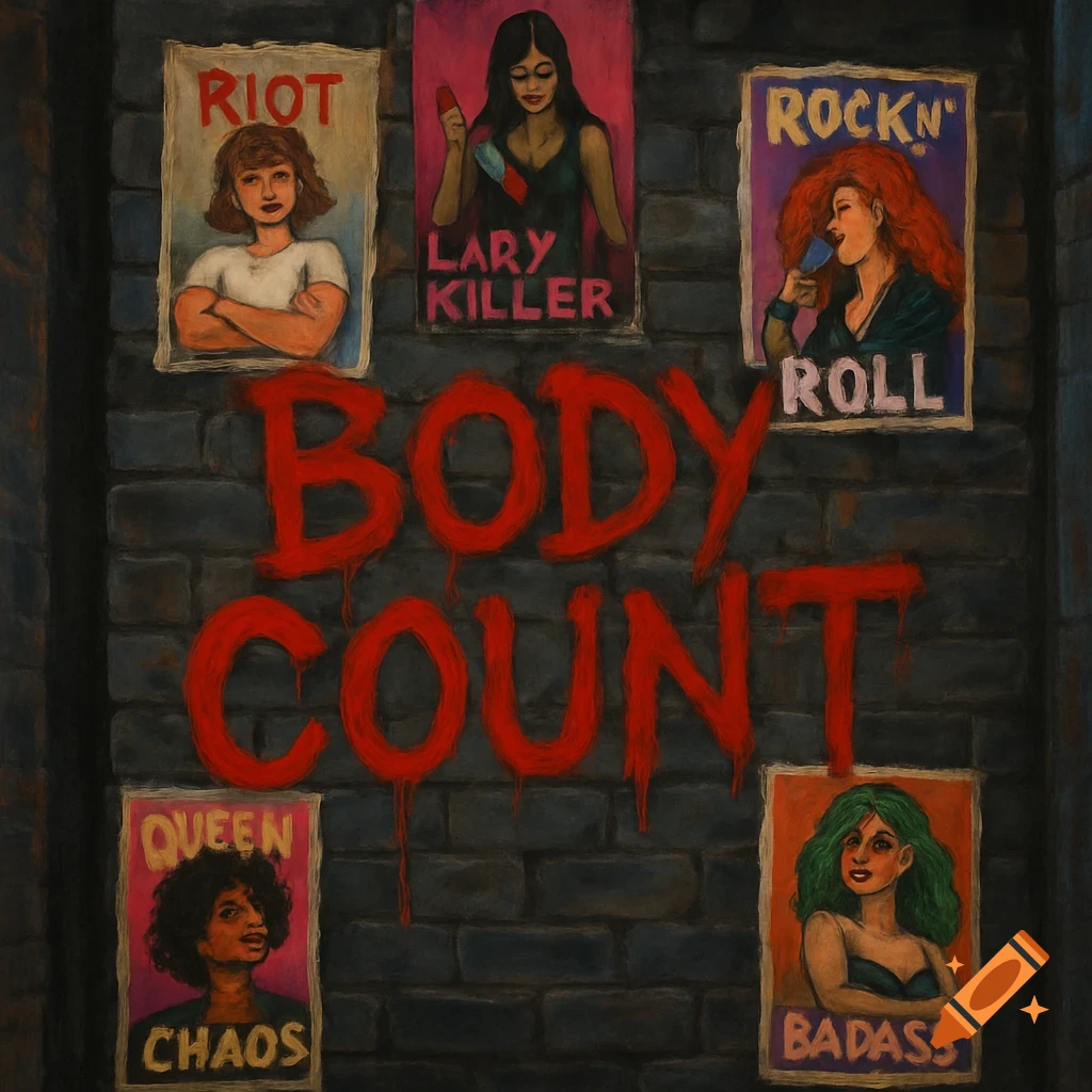 Large red graffiti text 'BODY COUNT' on a brick wall, surrounded by concert posters featuring stylized women.