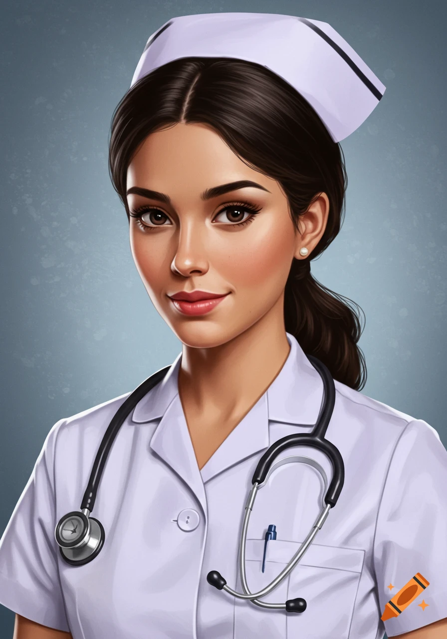 Digital art portrait of a brunette nurse in uniform with a stethoscope.