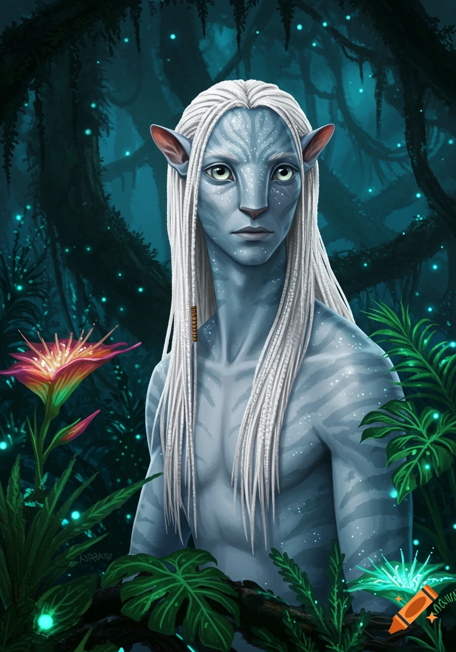 An albino Na'vi character from Avatar with white hair in a glowing jungle.