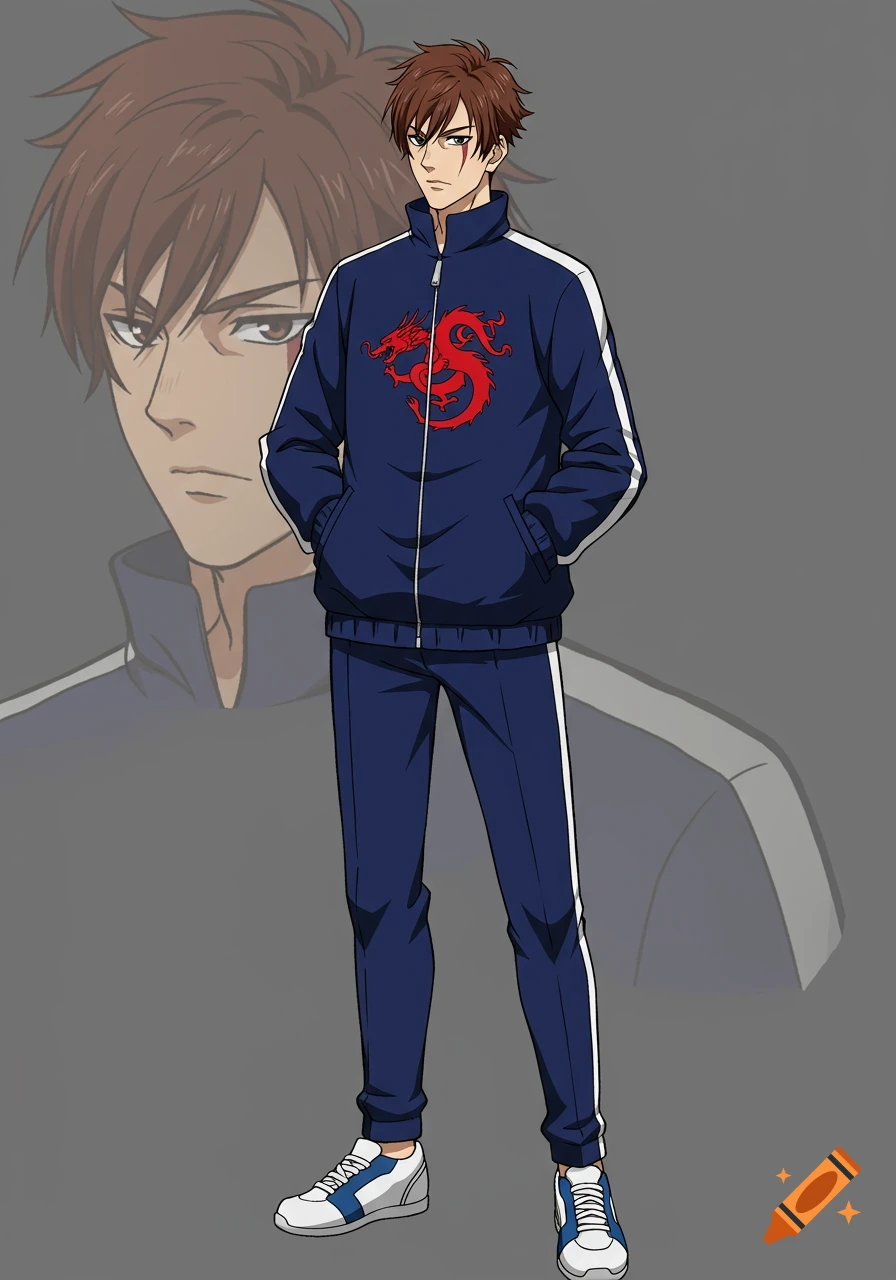 Anime man with brown hair and a scar wears a blue tracksuit with a red dragon logo.