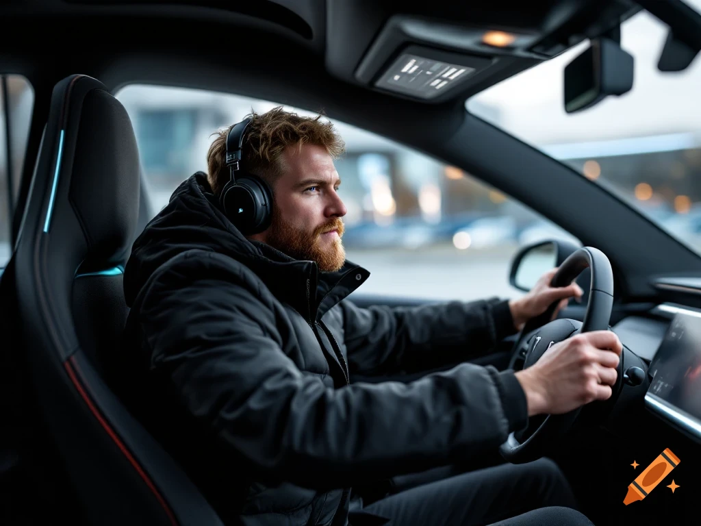 A man with a beard wearing headphones drives a car.