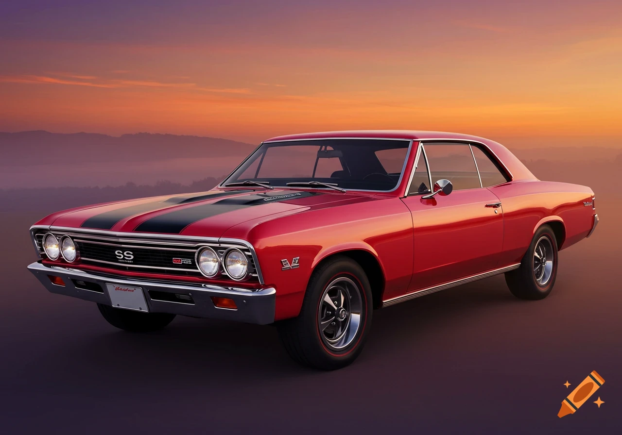 A red 1967 Chevrolet Chevelle SS classic car against a sunset background.