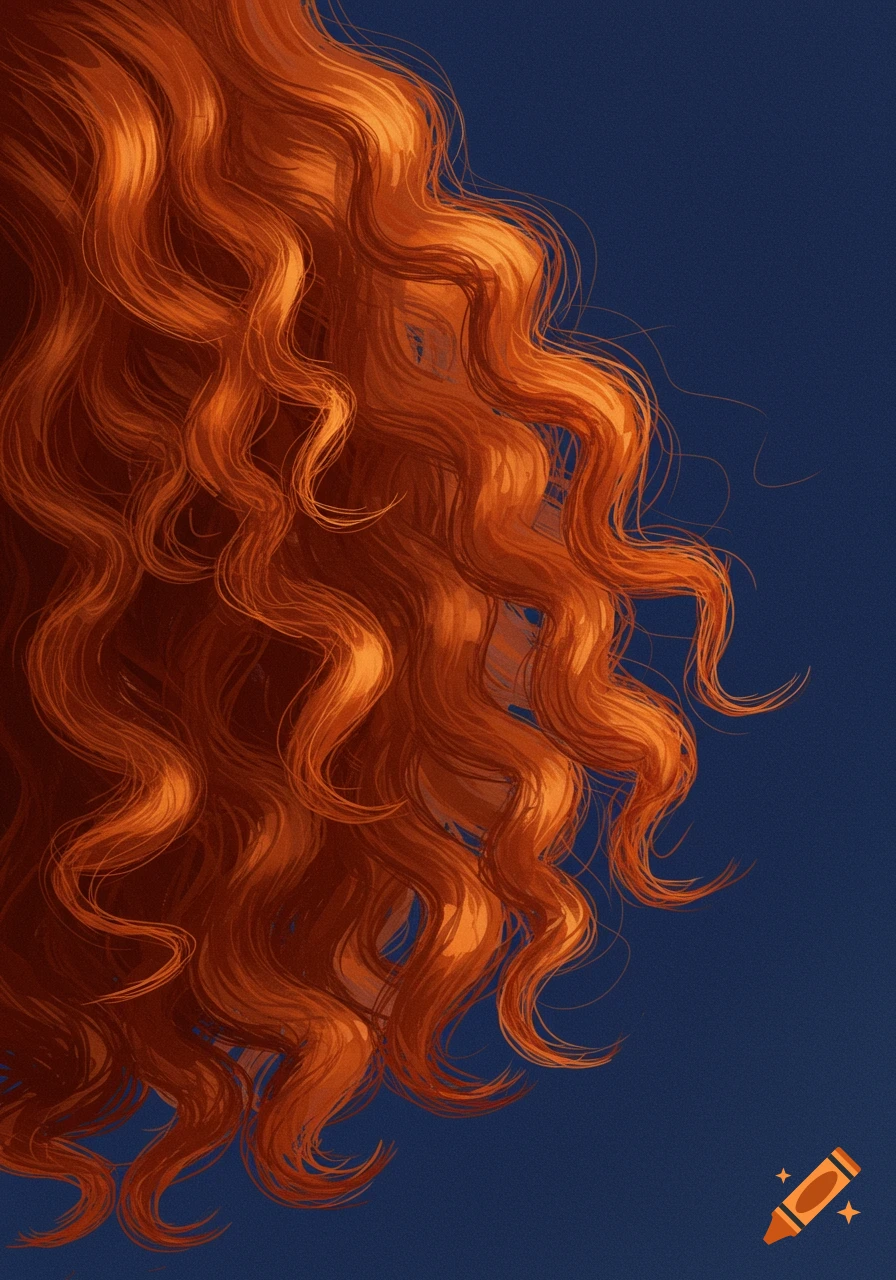 Close-up of flowing red curly hair against a dark blue background.