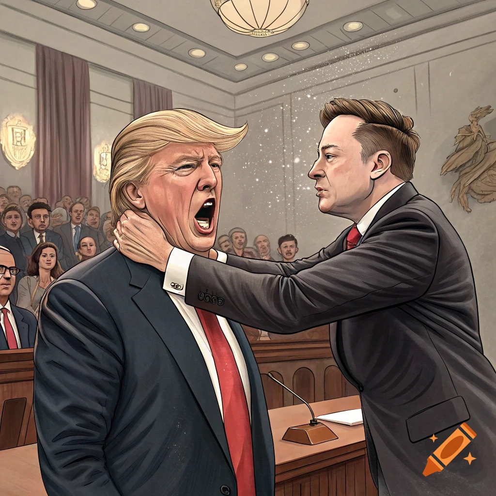 Cartoon-style illustration of Elon Musk grabbing Donald Trump by the neck in a public meeting.