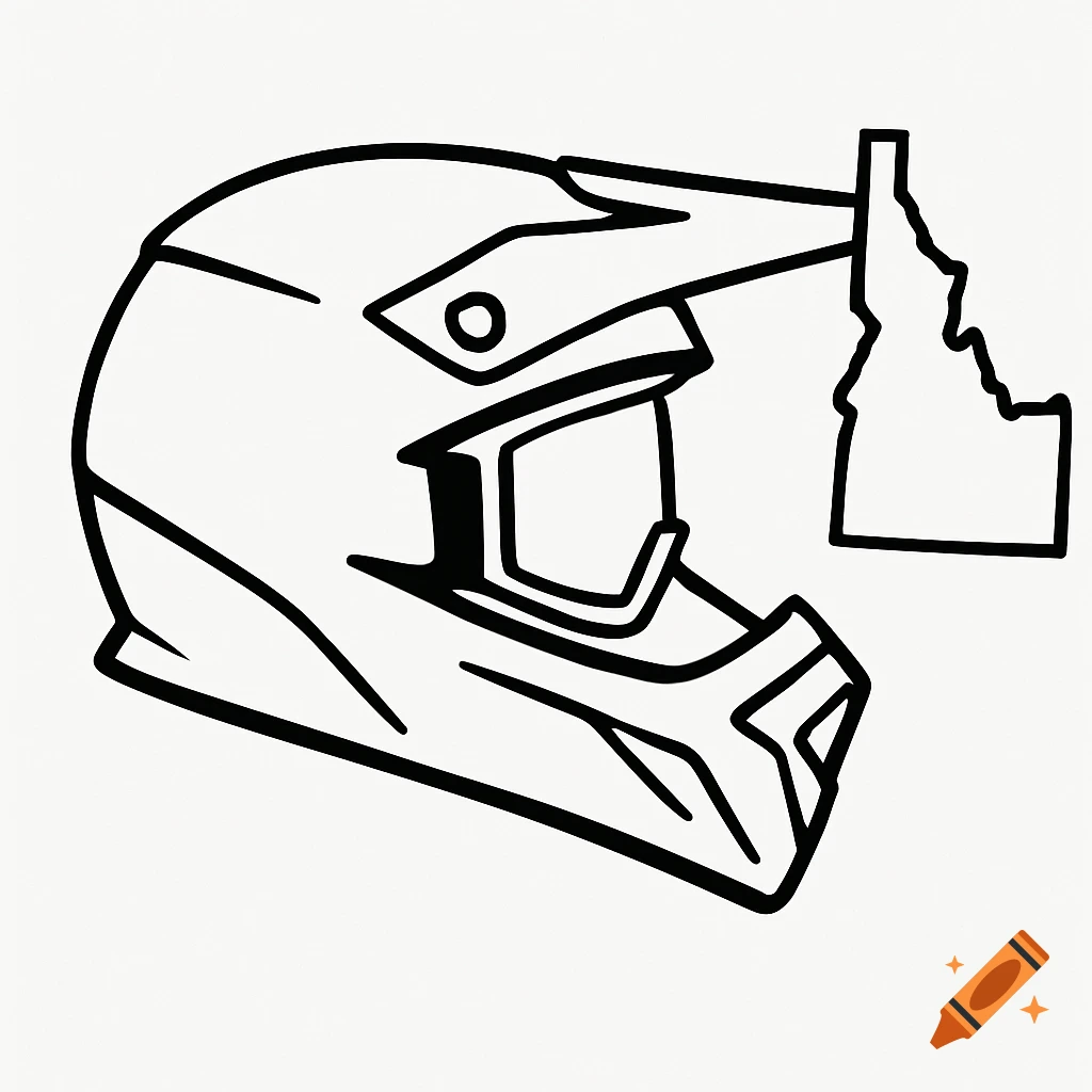 Line drawing of a dirtbike helmet with the shape of Idaho on the visor.
