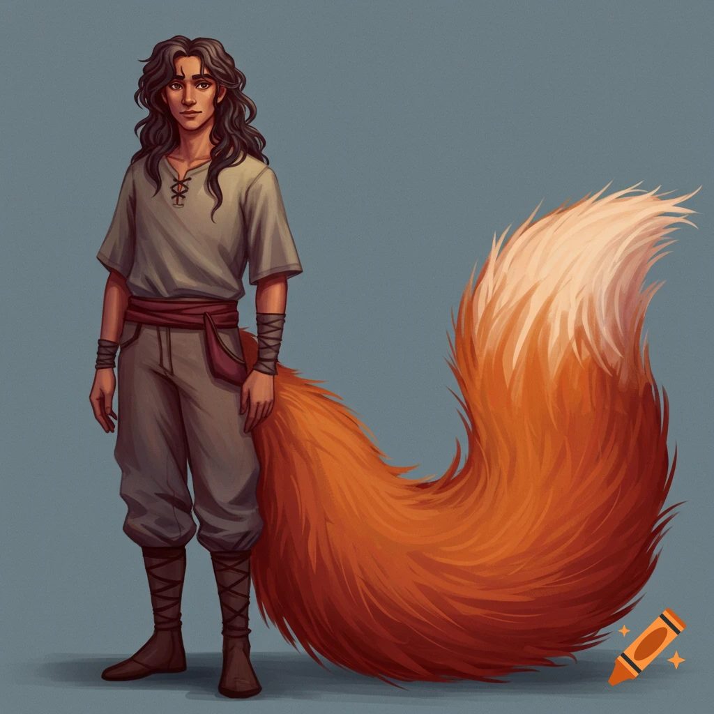An illustrated full body portrait of a person with long brown hair and a large orange fox tail, wearing simple tunic and pants.