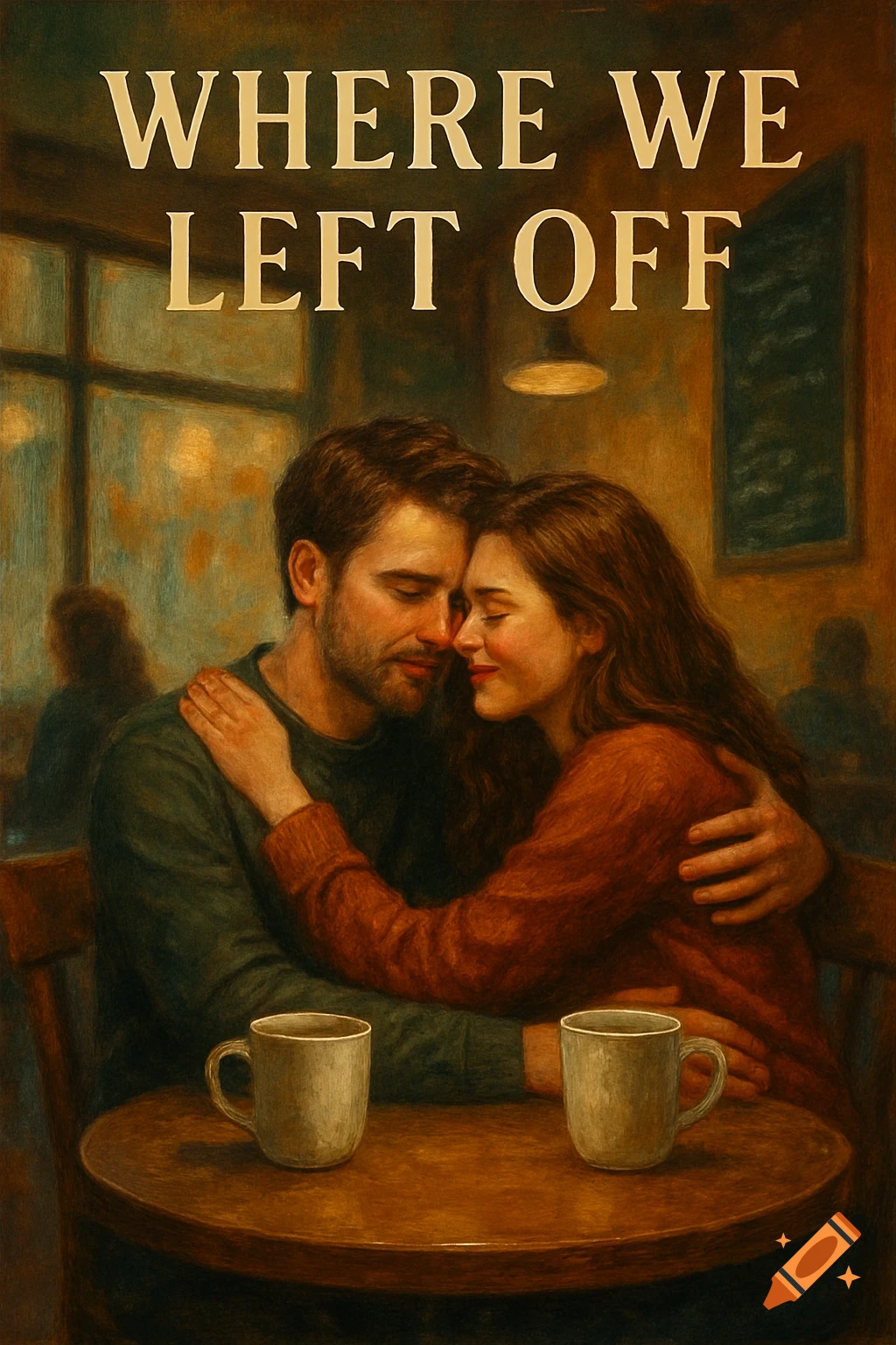 Painterly illustration of a couple embracing in a cafe, with the text 'WHERE WE LEFT OFF' above them.