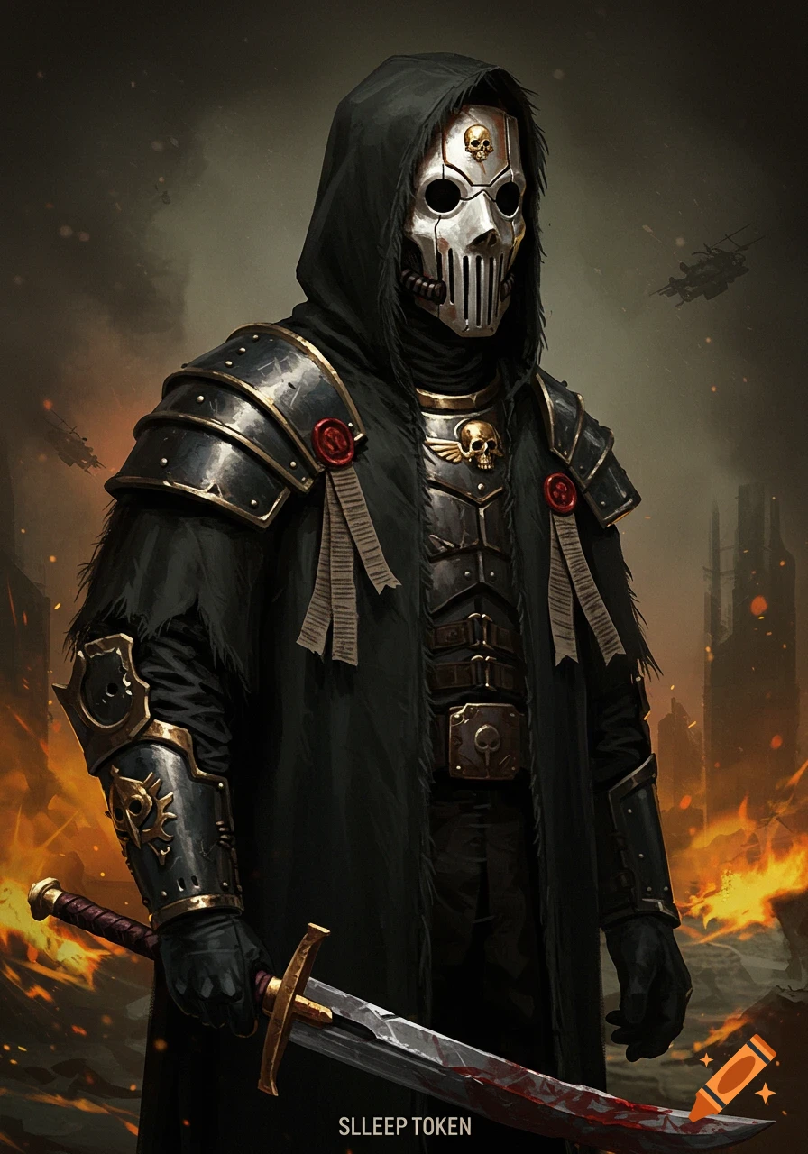A hooded figure in dark armor and skull mask holds a bloody sword against a backdrop of a burning city.