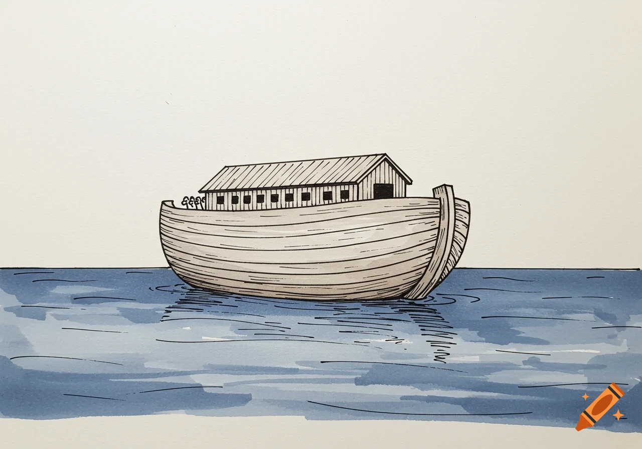 Simple line art drawing of Noah's Ark floating on water