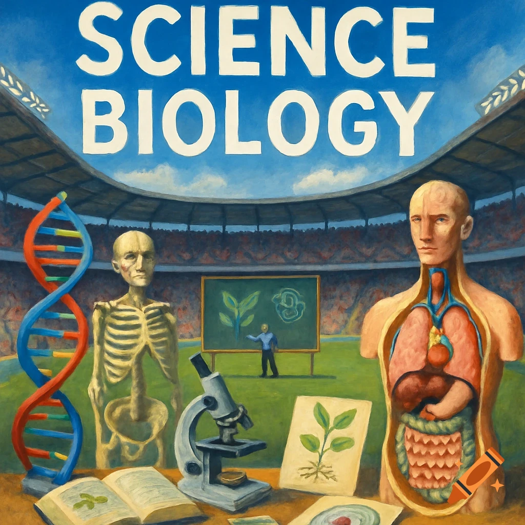 Painting of biology concepts (DNA, skeleton, human anatomy, microscope, plants) in a football stadium with 'SCIENCE BIOLOGY' text.
