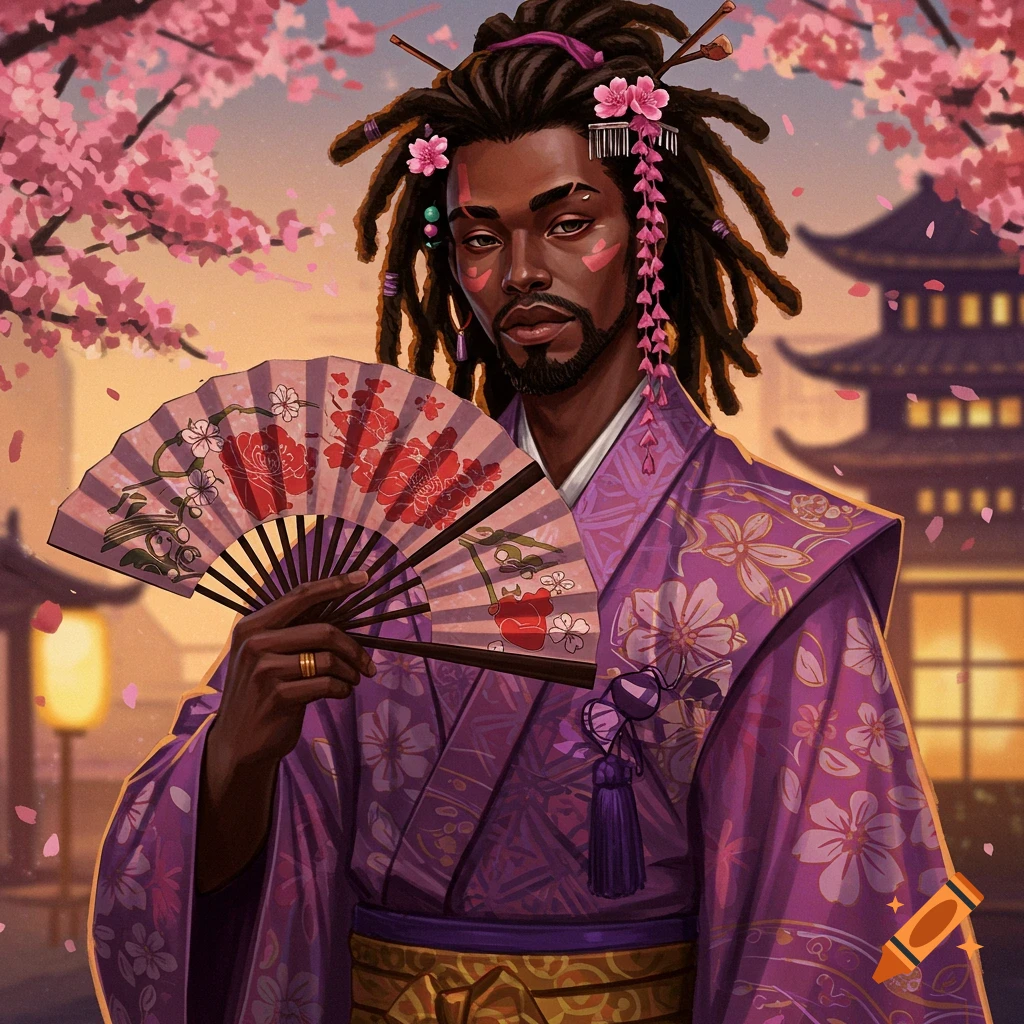 Illustration of a figure with dreadlocks in a purple kimono holding a fan, in front of cherry blossoms and a temple.