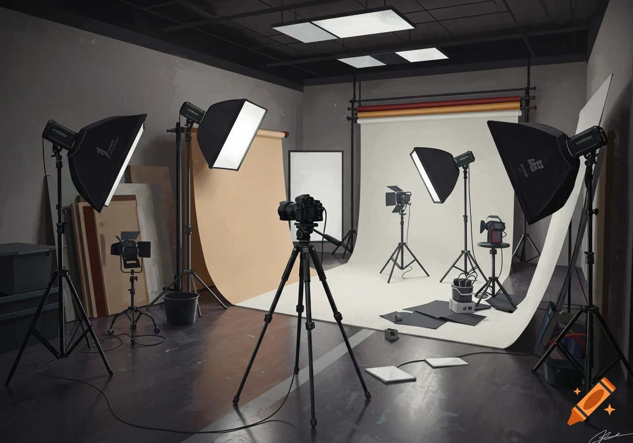 Illustration of a professional photo studio with cameras, tripods, softbox lighting, and backdrops.