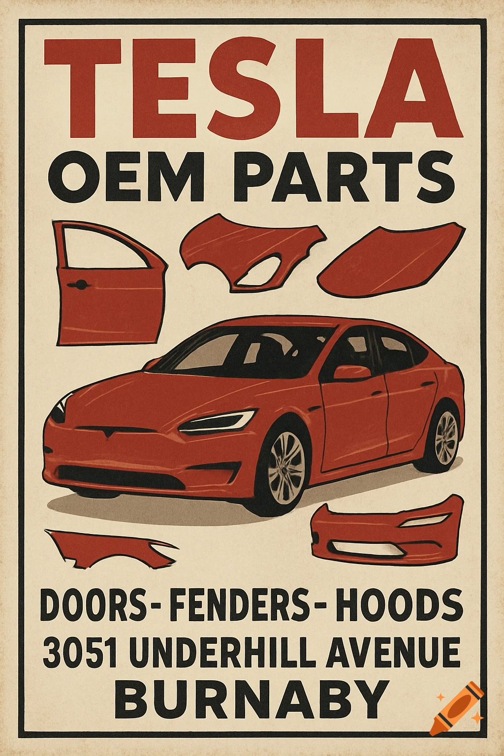Vintage-style poster for Tesla OEM parts showing a red car and parts with text.