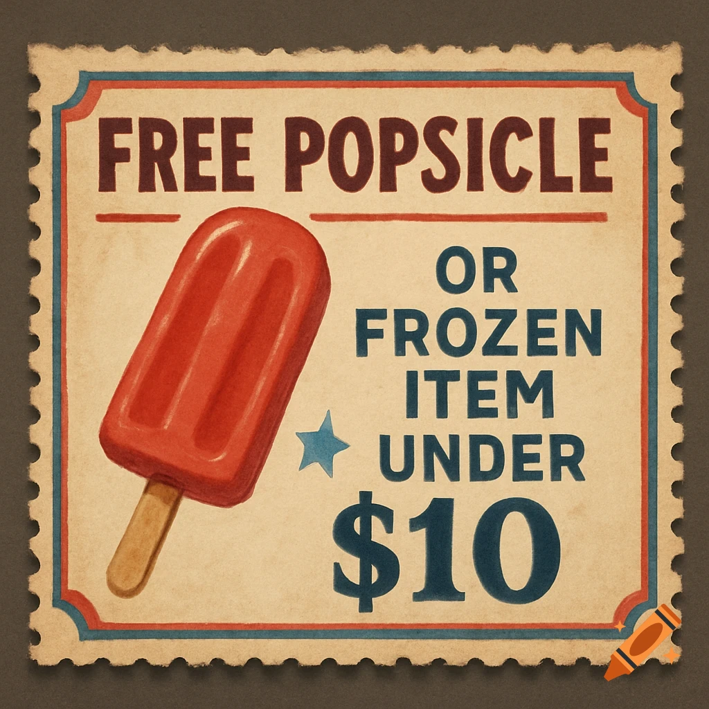 Vintage style coupon with a red popsicle graphic offering a free popsicle or frozen item under $10.