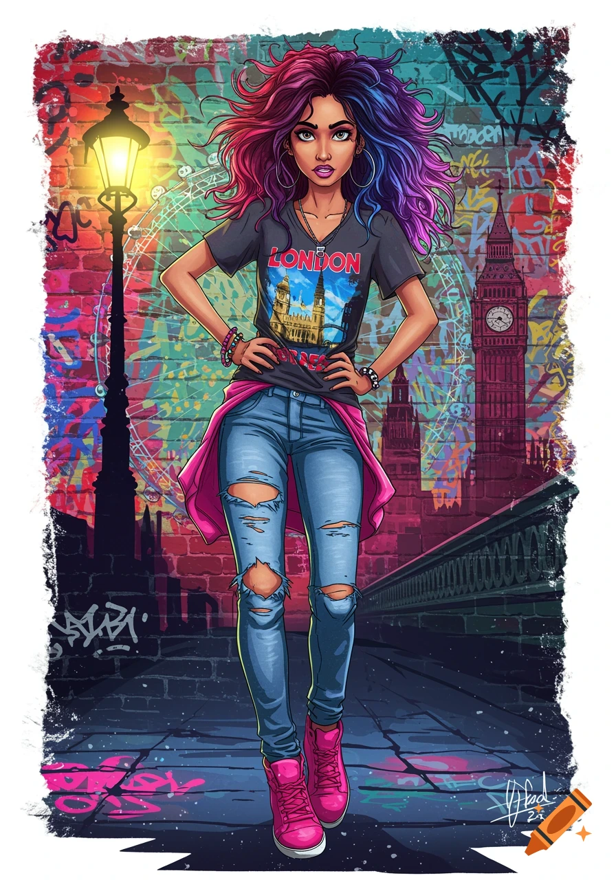 Stylized illustration of a teenager in London streetwear with graffiti and landmarks like Big Ben.