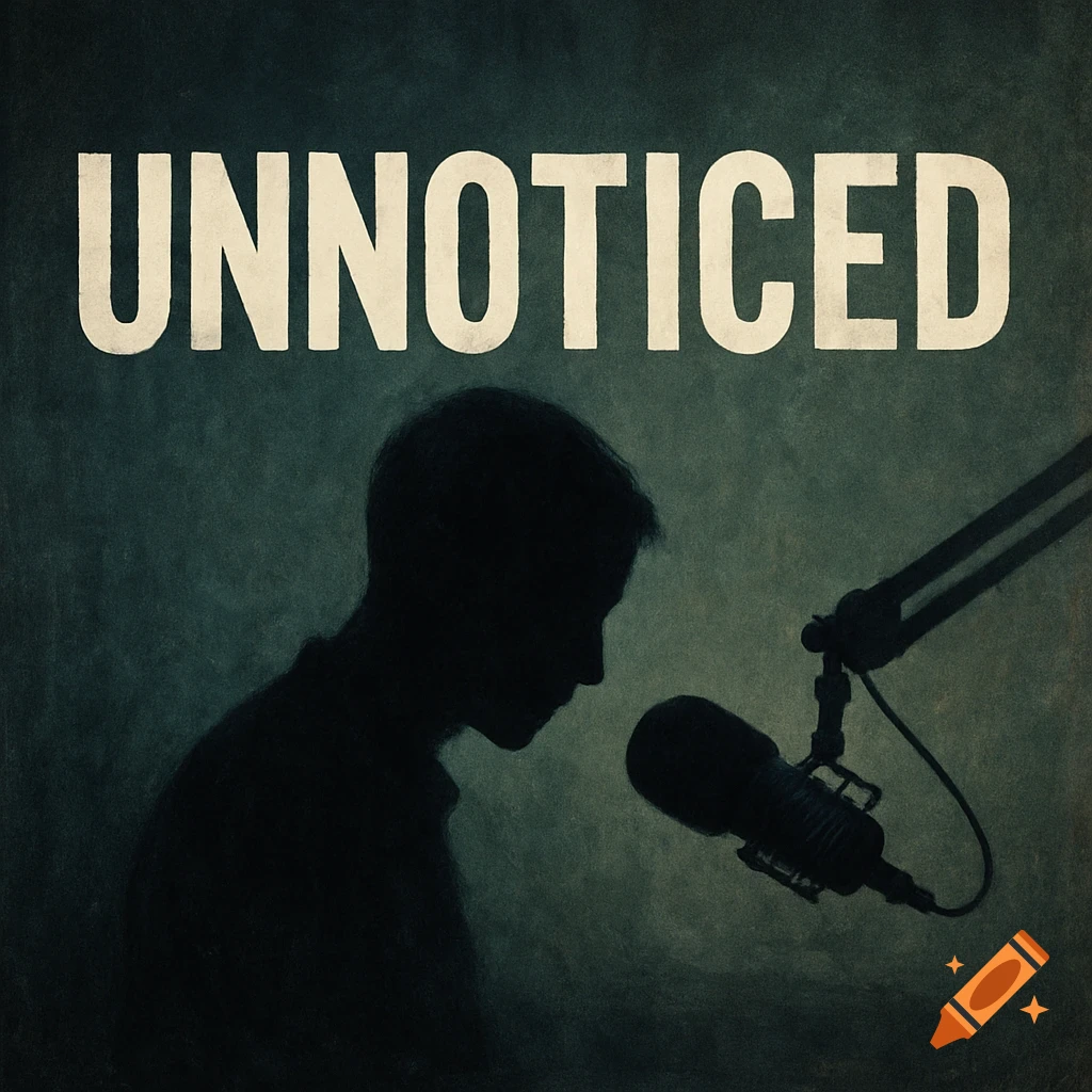 Silhouette of a person next to a microphone with the word UNNOTICED above, dark textured style.