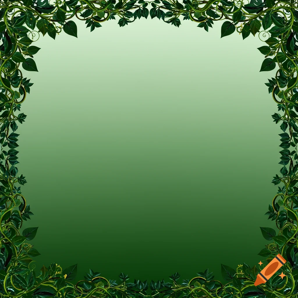A green gradient background with a border of dark green vines and leaves.