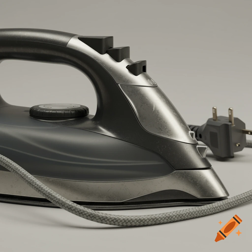 A close-up of a grey iron with its power cord.