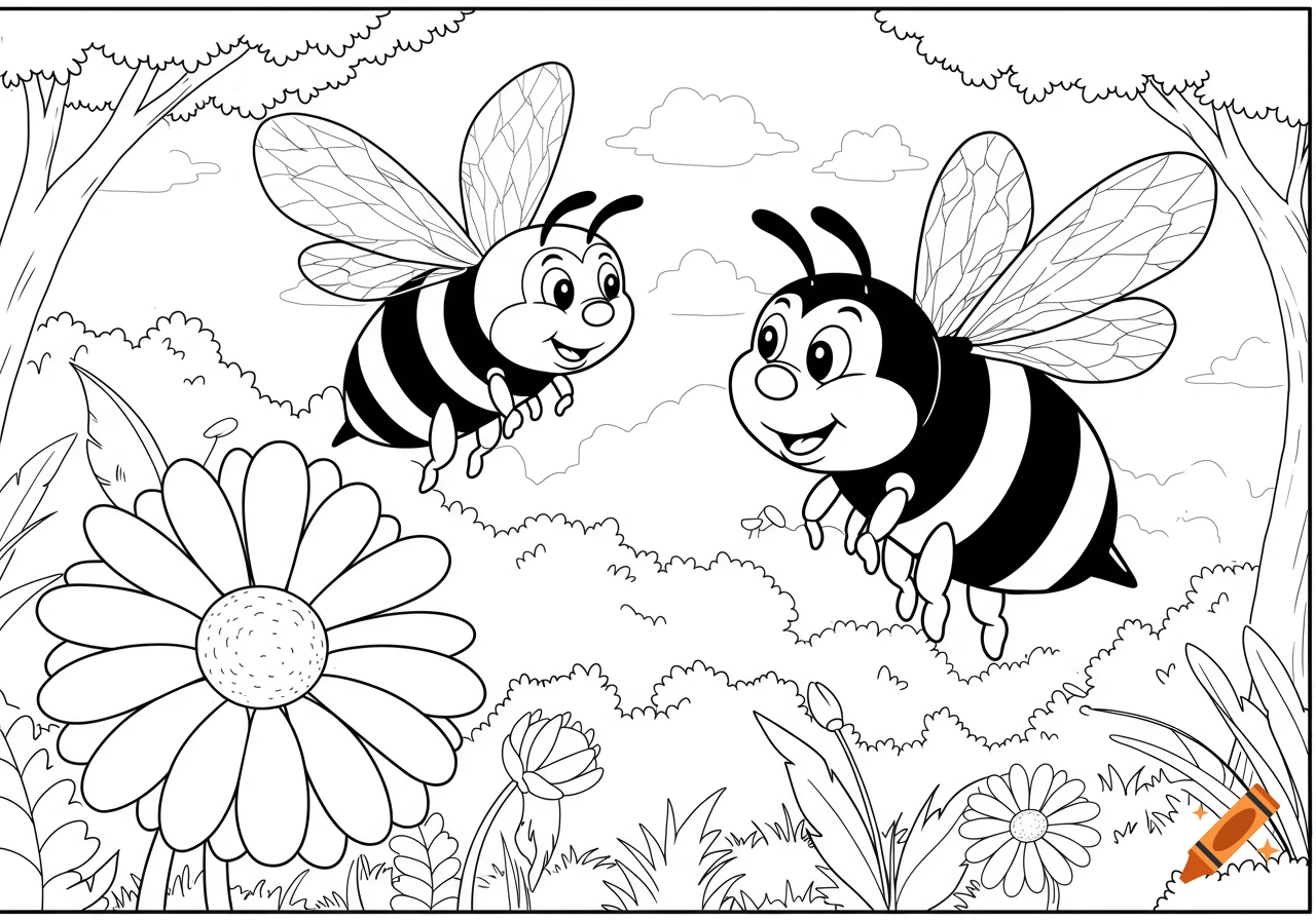 Black and white coloring book page of two cartoon bees flying near flowers and bushes.