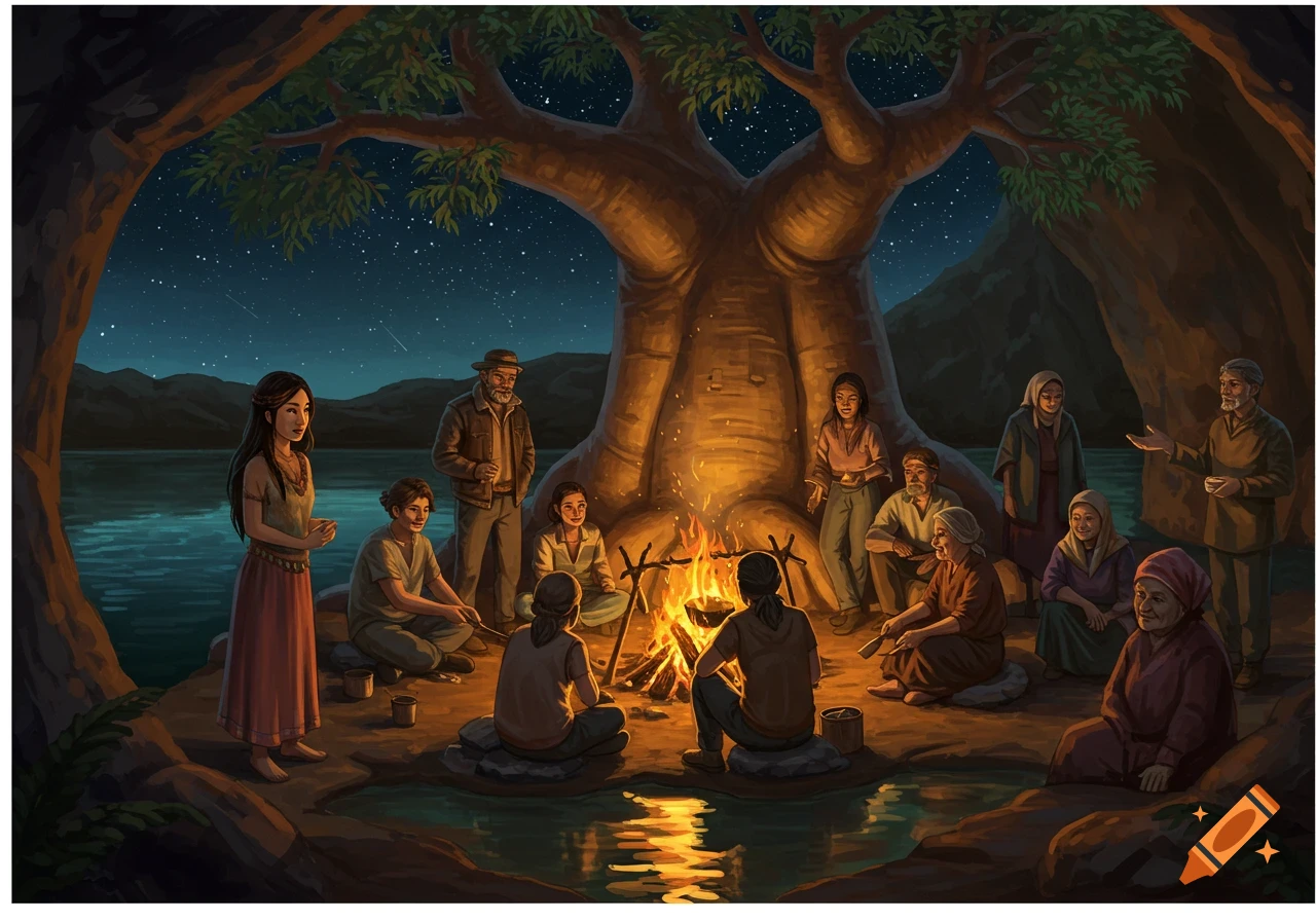 Illustrative image of a diverse group of people sitting around a bonfire by a lake under a large tree at night.