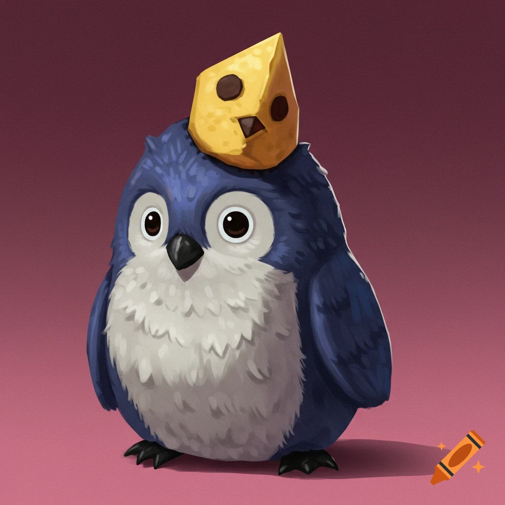 A fluffy blue creature with a block of cheese on its head.