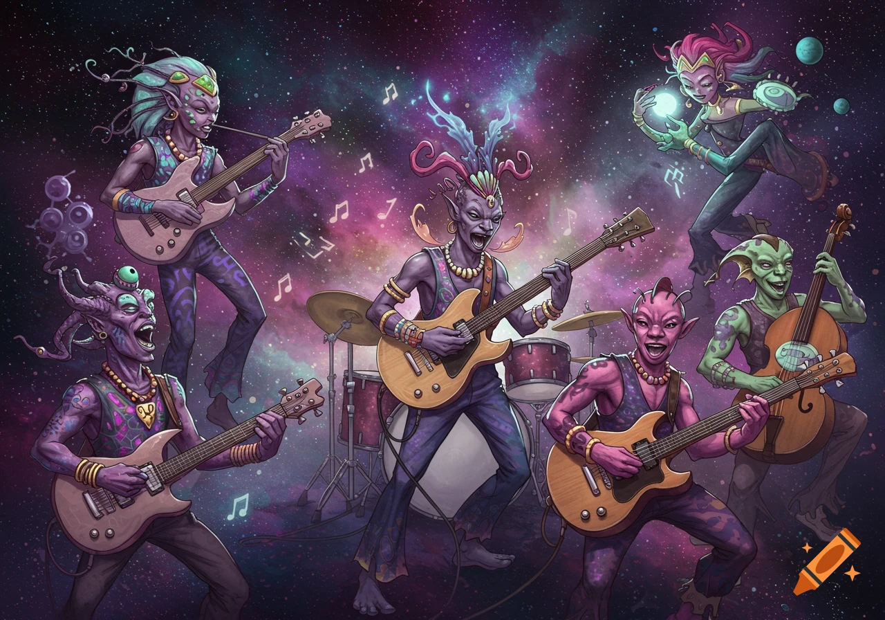 A band of colorful aliens plays music with guitars and a bass in outer space, surrounded by stars and musical notes.