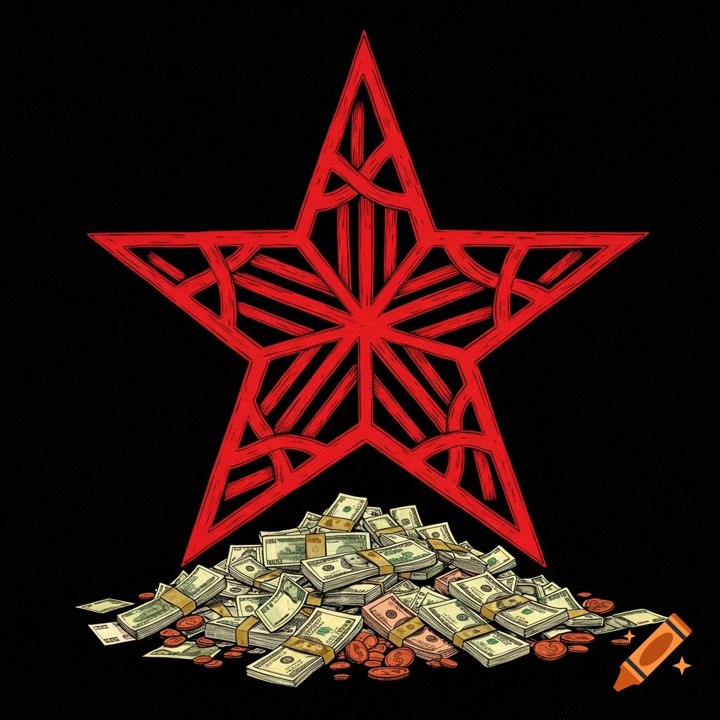 A stylized red five-pointed star sits above a large pile of money and coins.