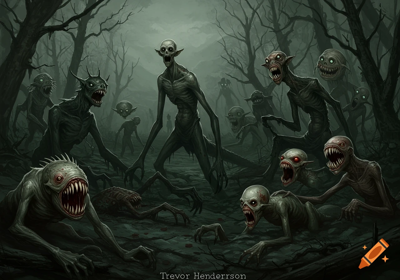 Grotesque creatures with glowing eyes and sharp teeth swarm in a dark forest. Illustration style.
