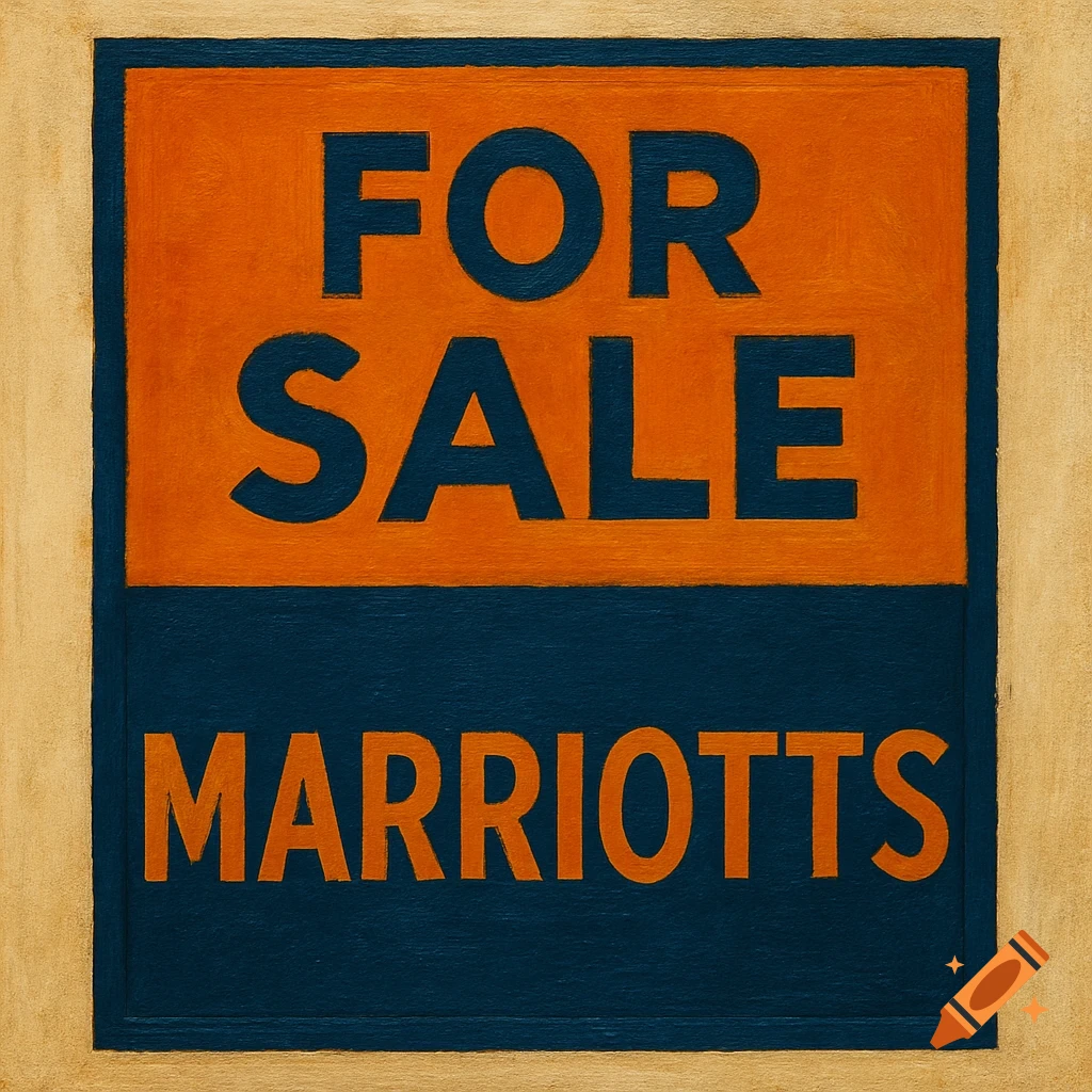 Orange and navy FOR SALE MARRIOTTS sign in a painterly style.